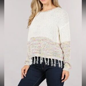 ShopEvelynne Cream and Pastel Fringed Sweater